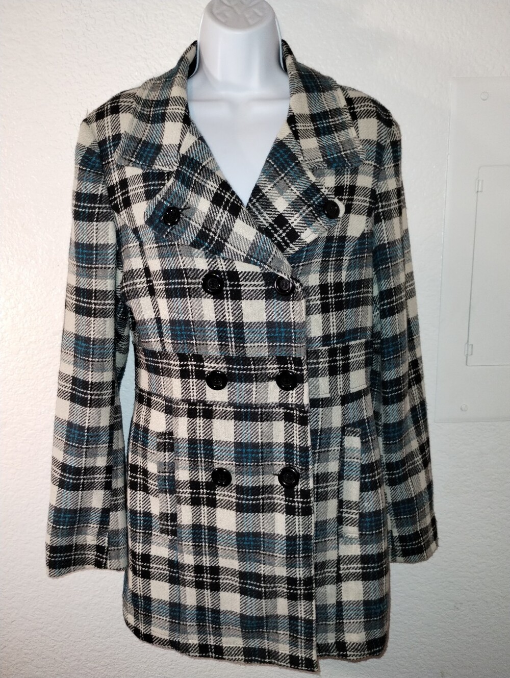 Paris Blues Plaid Double-Breasted Peacoat  Black White Teal size Large Y2K Vibes
